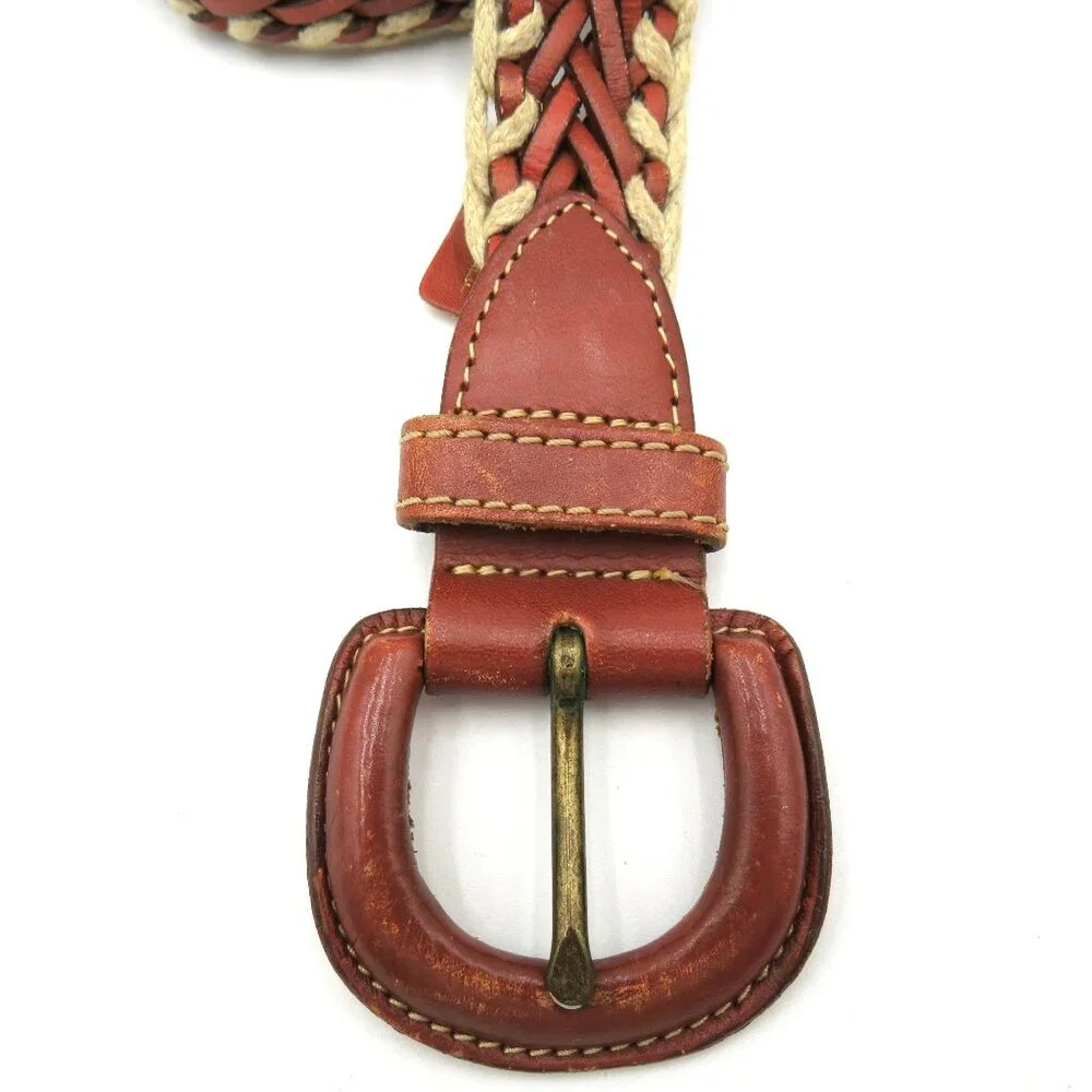 Woven Belt Womens Sz Medium Braided Genuine Leather Cotton Tan Brown Boho Hippie